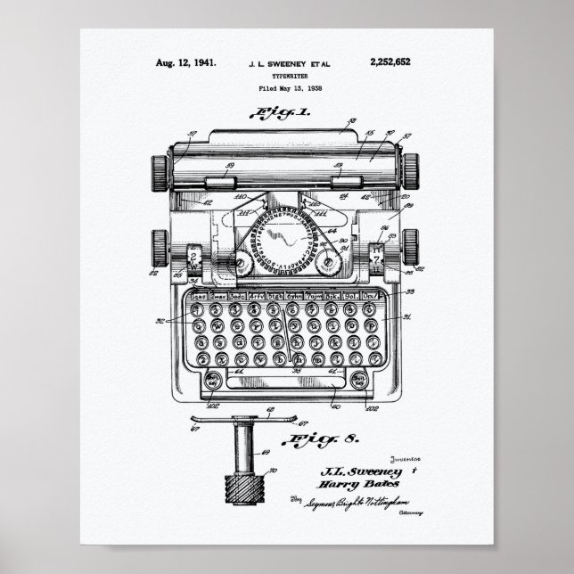 Typewriter 1941 Patent Art White Paper Poster (Front)