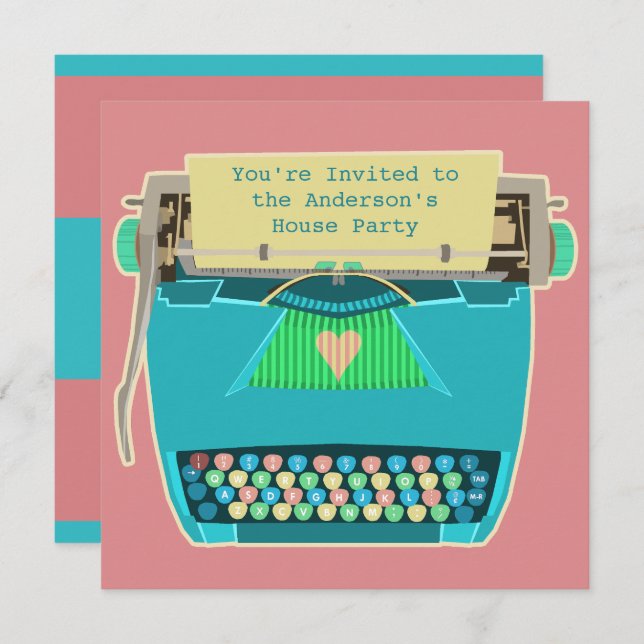 Typewriter Cute Retro Modern Personalised Party Invitation (Front/Back)