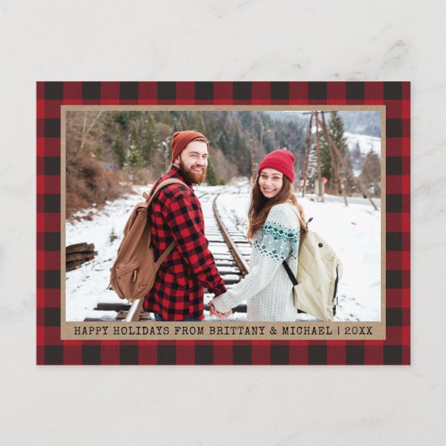 Typewriter Font Christmas Photo Kraft Red Plaid Postcard (Front)