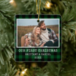 Typewriter Font Green Plaid Couple First Christmas Ceramic Ornament<br><div class="desc">Trendy Typewriter Font Green Buffalo Plaid Our First Christmas Couple Photo Ornament</div>