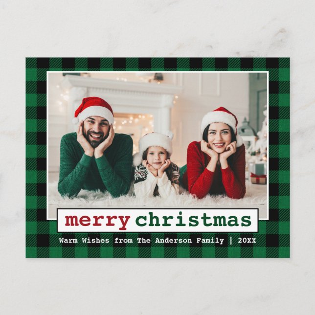 Typewriter Font Merry Christmas Photo Green Plaid Postcard (Front)