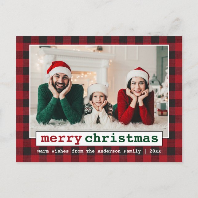 Typewriter Font Merry Christmas Photo Red Plaid Postcard (Front)