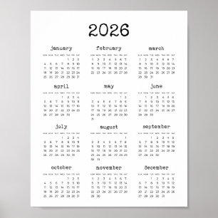 Typewriter font minimalist 2025 calendar poster