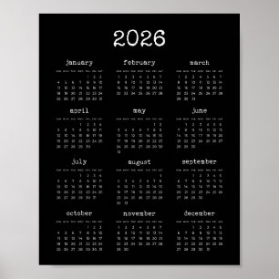 Typewriter font minimalist 2026 Black calendar Poster