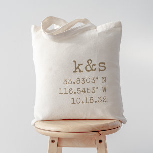Typewriter Initials, Coordinates & Wedding Date Tote Bag