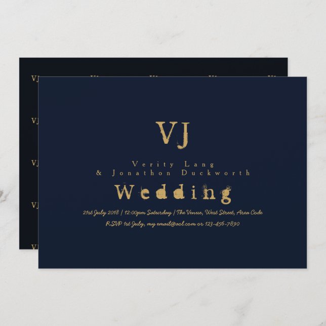 Typewriter Navy Wedding Invitation Gold Ink Modern (Front/Back)