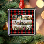 Typewriter Red Plaid Family Photo Collage Metal Tree Decoration<br><div class="desc">Simple rustic photo collage ornament featuring minimalist typewriter font and red plaid background. Easily add your photos and details for a custom Christmas ornament.</div>