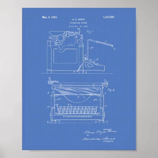 Typewriter Screen 1923 Patent Art Blueprint Poster (Front)