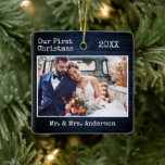 Typewriter Text Blue Wood First Christmas Wedding Ceramic Ornament<br><div class="desc">Modern Trendy Typewriter Text Simple Minimalist,  Our First Christmas Wedding Photo Ceramic Ornament - Rustic Country Blue Wood Print</div>
