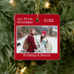 Typewriter Text Couple First Christmas Red Ceramic Ornament<br><div class="desc">Modern Trendy Typewriter Text Simple Minimalist,  Our First Christmas Couple Photo Red Ceramic Ornament</div>