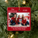 Typewriter Text First Christmas New Home Photo Red Ceramic Ornament<br><div class="desc">Modern Trendy Typewriter Text Simple Minimalist,  Our First Christmas In Our New Home Photo Ornament</div>