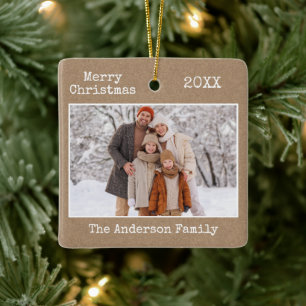 Typewriter Text Merry Christmas Kraft Family Photo Ceramic Ornament