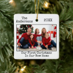 Typewriter Text Photo First Christmas New Home Ceramic Ornament<br><div class="desc">Modern Trendy Typewriter Text Simple Minimalist,  Our First Christmas In Our New Home Photo Ornament</div>