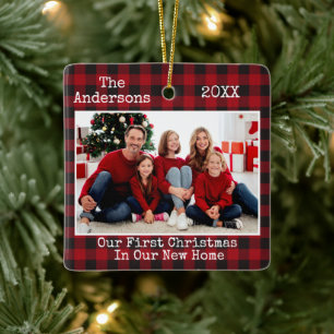 Typewriter Text Plaid First Christmas New Home Ceramic Ornament