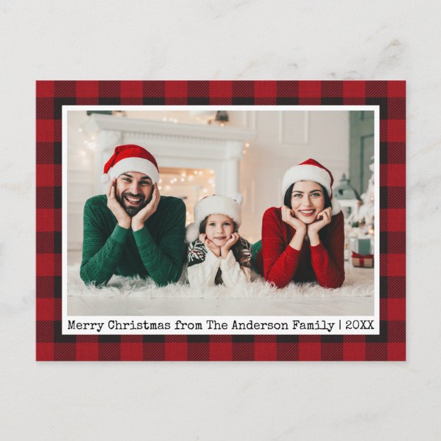 Typewriter Text Red Plaid Christmas Family Photo Postcard (Front)