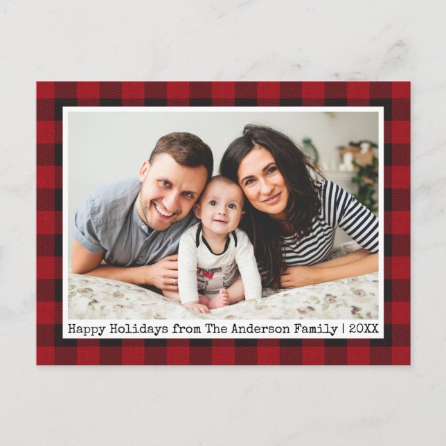 Typewriter Text Red Plaid Family Photo Holiday Postcard (Front)