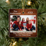 Typewriter Text Wood First Christmas New Home Ceramic Ornament<br><div class="desc">Modern Trendy Typewriter Text Simple Minimalist,  Our First Christmas In Our New Home Photo Ornament - Rustic Country Wood Print</div>