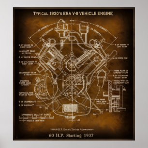 Typical 1930's ERA V-8 Motor Engine Blueprint Poster