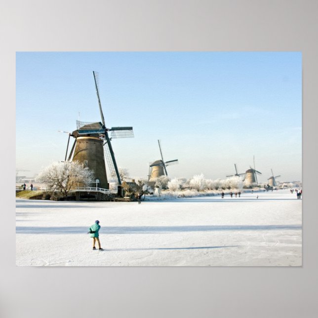 Typically dutch ice skating  at Kinderdijk Holland Poster (Front)