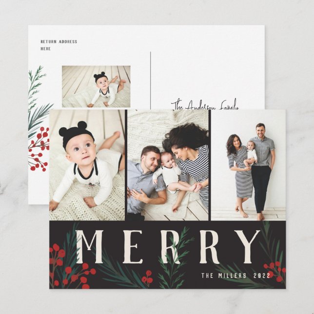 Typographic Botanicals 3 Photo Merry Holiday Postcard (Front/Back)