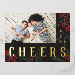 Typographic Botanicals Photo Cheers Foil Holiday Postcard