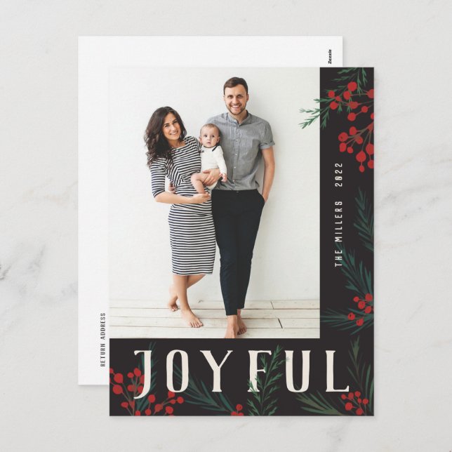 Typographic Botanicals Photo Joyful Holiday Postcard (Front/Back)
