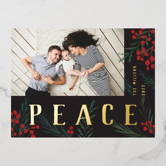 Typographic Botanicals Photo Peace Foil Holiday Postcard (Front)