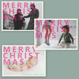 Typographic modern pink Christmas photo Holiday Postcard