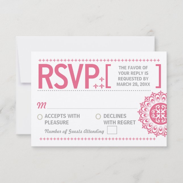 Typographic Ornamental Pink Wedding Reply RSVP Card (Front)