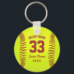 Typographic Softball Team Red Key Ring<br><div class="desc">Softball. Clipart softball theme. Customisable. Black text. Enter the player's name,  number,  team name and year.  Ideal gift for friends and family. Art by José Ricardo</div>