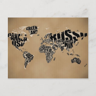 Typographic World  Map Postcard