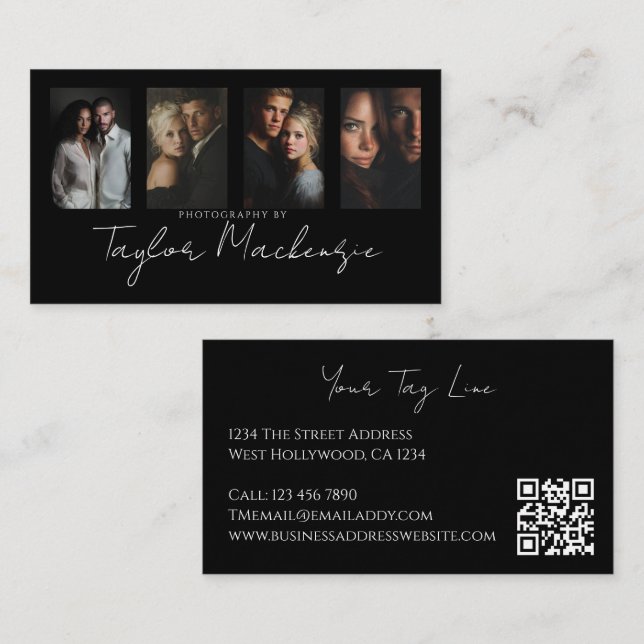 Typography 4 Photo Template Personalized QR Code Business Card (Front/Back)