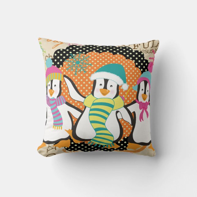 Typography and Penguins Christmas Holiday Pillow (Front)