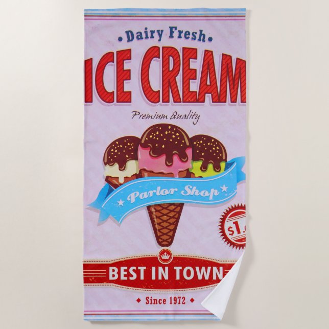 Typography Best in Town Ice Cream Ad Beach Towel (Front)