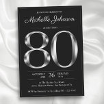 Typography Black and Silver 80th Birthday Invitation<br><div class="desc">Typography Black and Silver 80th Birthday Invitation. Make a bold statement with this black and silver milestone birthday invitation, designed for those who appreciate modern elegance. Featuring sleek solid typography against a rich black backdrop, the shimmering silver accents bring a touch of sophistication to your celebration. Perfect for an upscale...</div>