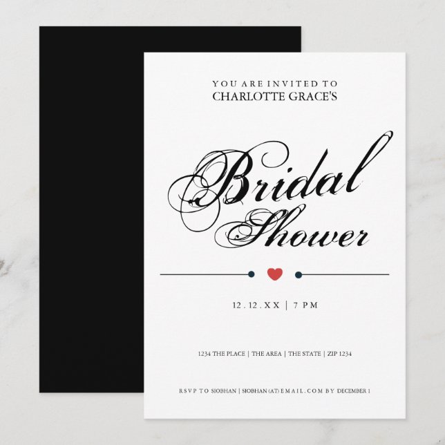Typography Black White Bridal Shower Modern Simple Invitation (Front/Back)