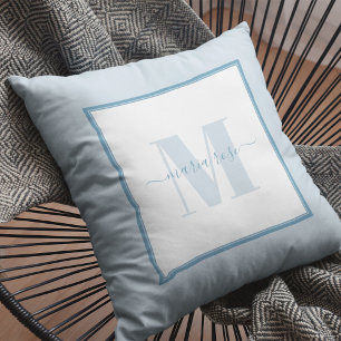 Typography Blue Monogram Simple Script Cushion