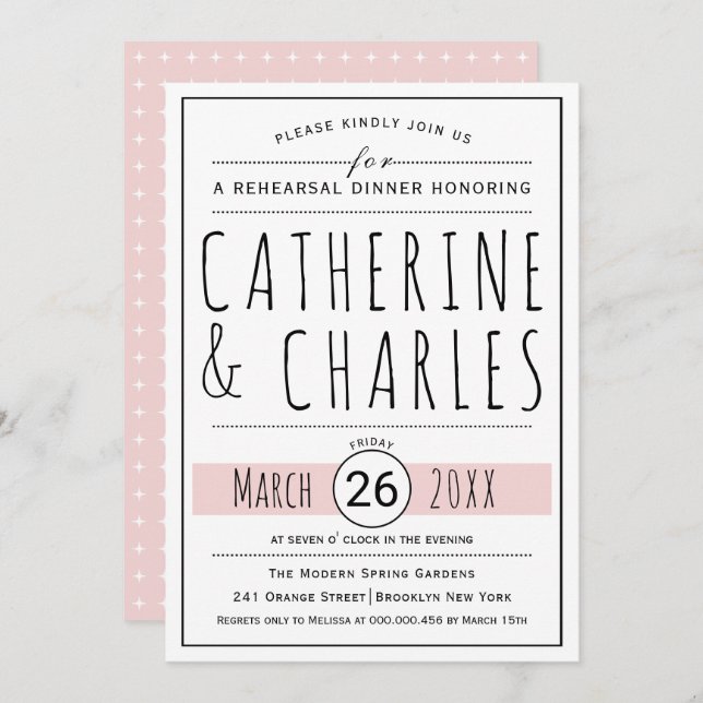 Typography blush pink wedding rehearsal dinner invitation (Front/Back)