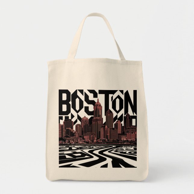 Typography Boston City Skyline, Boston City Tote Bag (Front)