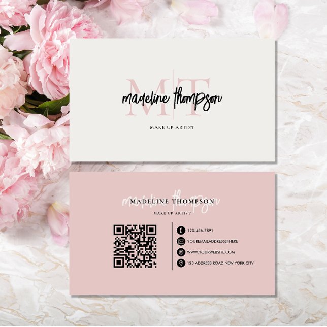Typography Calligraphy Monogram Black Pink QR code Business Card (Creator Uploaded)