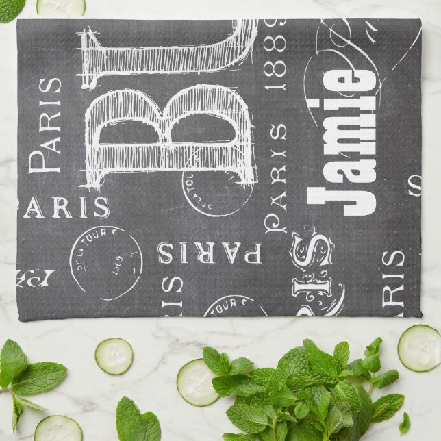 Typography Calligraphy Paris France Eiffel Tower Tea Towel (Folded)