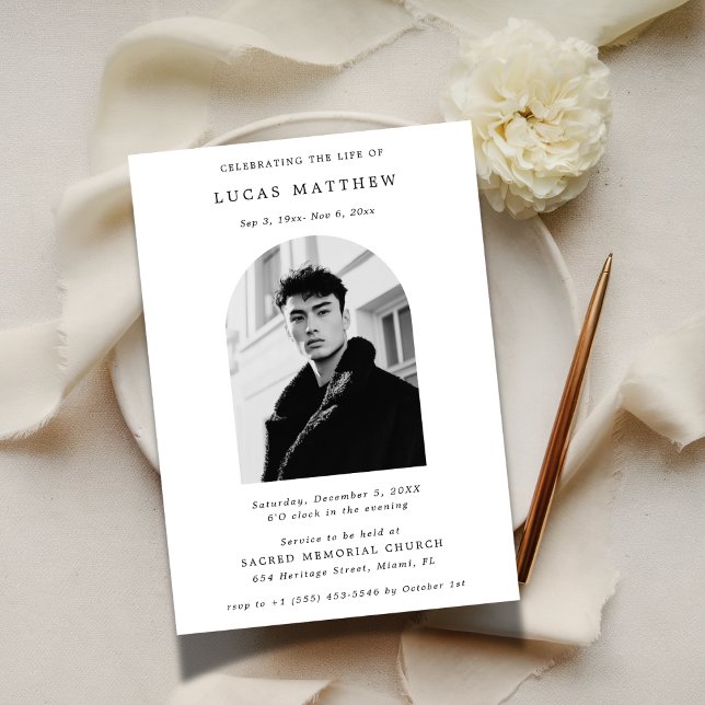 Typography Celebration of Life Arch Photo Funeral Invitation (Creator Uploaded)