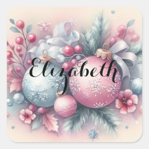 Typography Christmas tree ornaments watercolor Sq Square Sticker