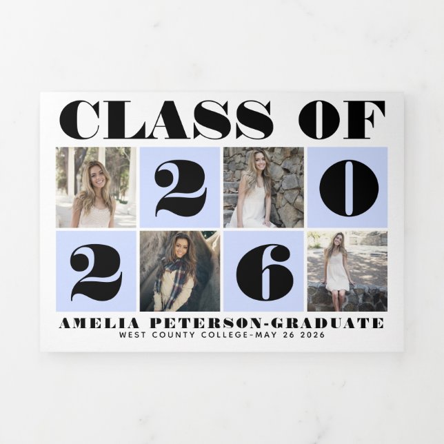 Typography Class of 2025 photo collage pale blue Tri-Fold Announcement (Cover)
