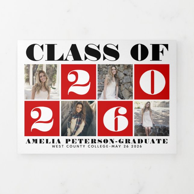 Typography Class of 2025 photo collage red Tri-Fold Announcement (Cover)