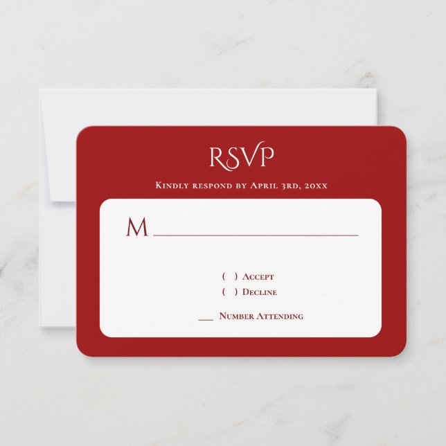 Typography Curved Monogram Red Wedding RSVP Card (Front)