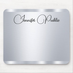 Typography Custom Script Silver Metallic Look Mouse Pad