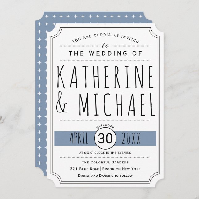 Typography dusty blue inverted corners wedding invitation (Front/Back)