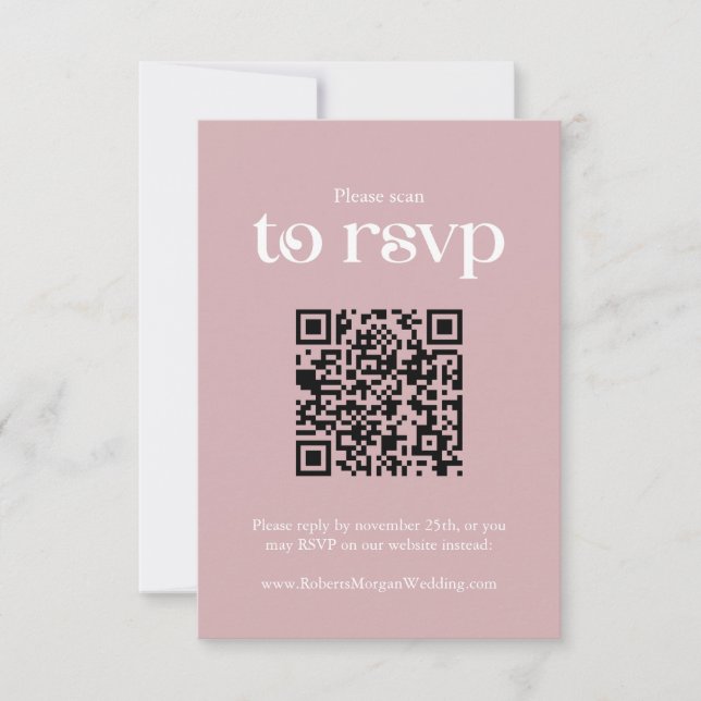 Typography Dusty Rose QR code Wedding RSVP Card (Front)