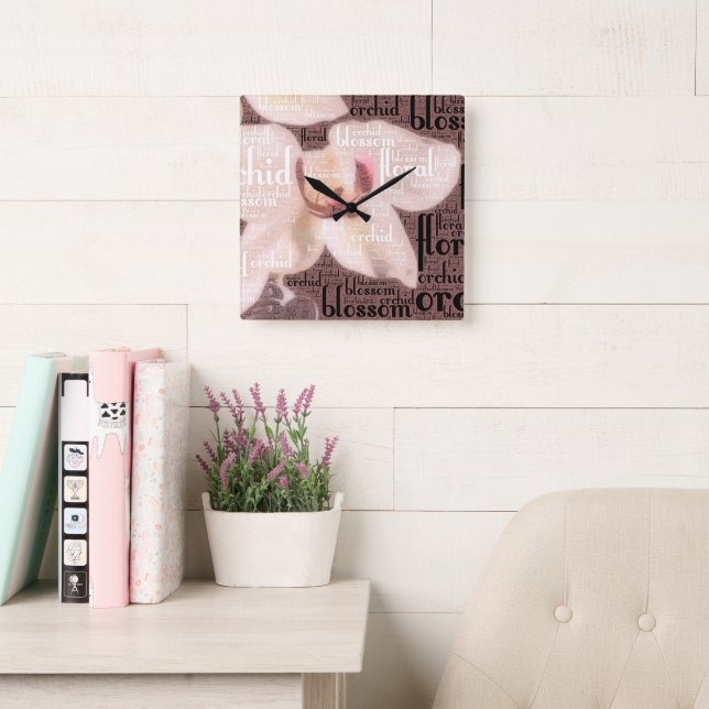 Typography Embedded Orchid, Floral, Blossom Photo Square Wall Clock (Reading Room)